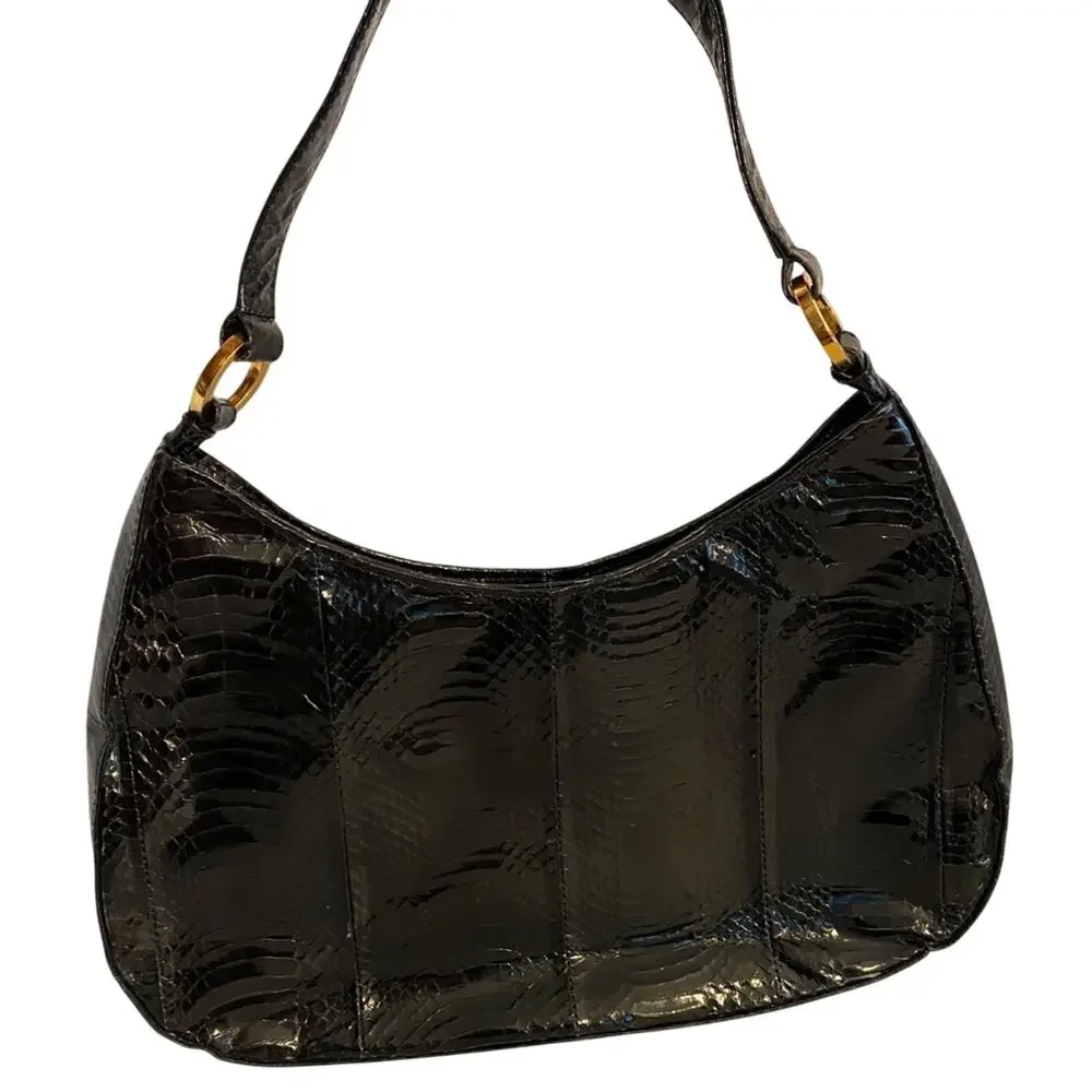 Vintage J Renee black snakeskin top handle purse classic 1980's hobo shoulderbag